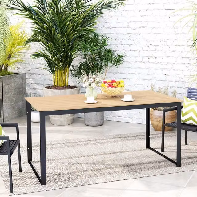 Outsunny Modern Garden Dining Table with Slatted Wood Top and Metal Frame in Brown