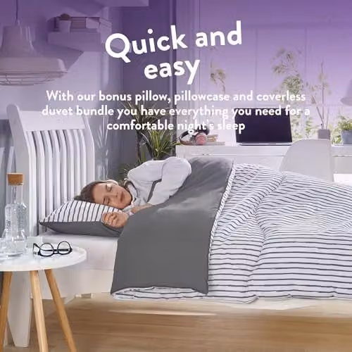 Slumberdown Back to Uni Single Bed Set, 10.5 Tog Grey Striped Coverless Duvet, 2 Pillows and Matching Pillowcase – 2