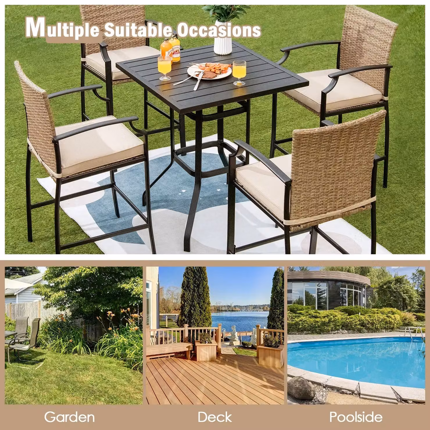 Costway 5 Piece Outdoor Bistro Set with 4 Rattan Chairs and 1 Bar Table in Multicolour – 4