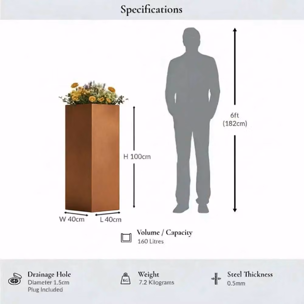Access Garden Products Bronze Galvanised Steel Tall Square Planter Tub, Width: 100 cm, Height: 100 cm – 3
