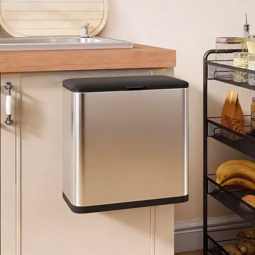 HOMCOM 8L Hanging Kitchen Bin in Silver Stainless Steel with Touch Lid and Removable Inner Bucket – 1