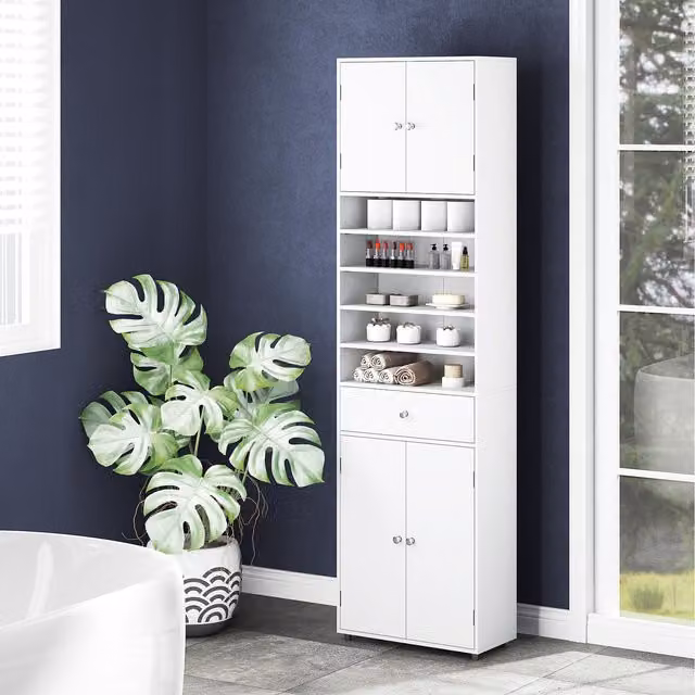 Costway Freestanding Tall Laundry Cabinet in White with Hinged Doors, Drawers and Open Shelves
