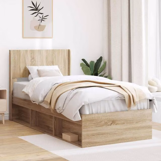 Berkfield Home Modern Bed Frame with Headboard and Side Compartment Storage, Sonoma Oak, Brown, W/D/H: 100 x 200 cm – 1