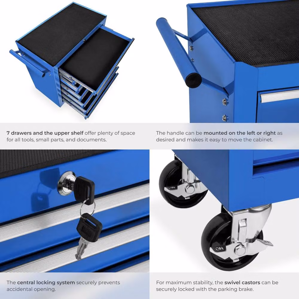 tectake Lockable and Rollable Steel Tool Chest in Blue – 4