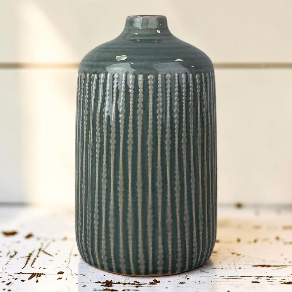 Four Candle Green Ceramic Indented Floral Tabletop Vase, Height: 23.5 cm – 2