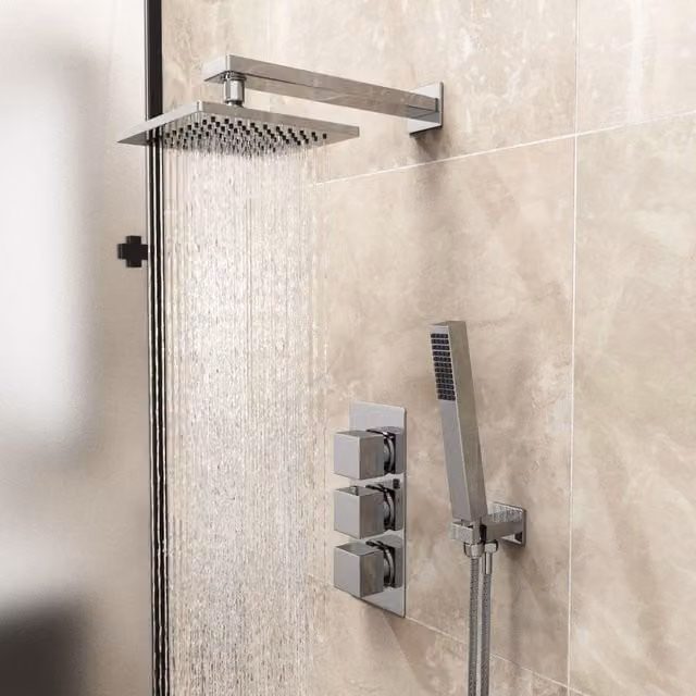 Nes Home Cameo 3 Dial 2 Way Square Shower Head and Handset Set in Silver – 1