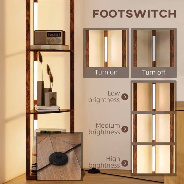 HOMCOM Dimmable LED Corner Floor Lamp in Rustic Brown