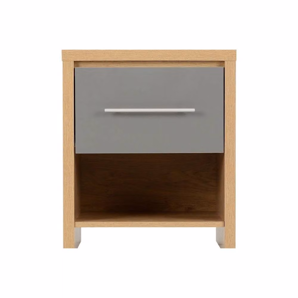 FORGEVIO Modern 1 Drawer Bedside Table in Grey High Gloss with Light Oak Finish – 2