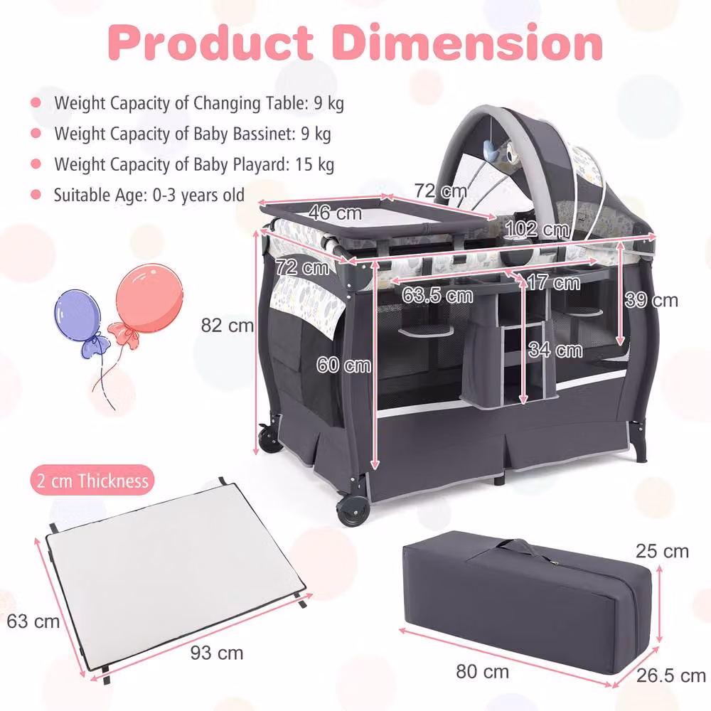 CASART 5 in 1 Portable Pack and Play Baby Nursery Center with Bassinet and Travel Bag in Grey Floral – 8