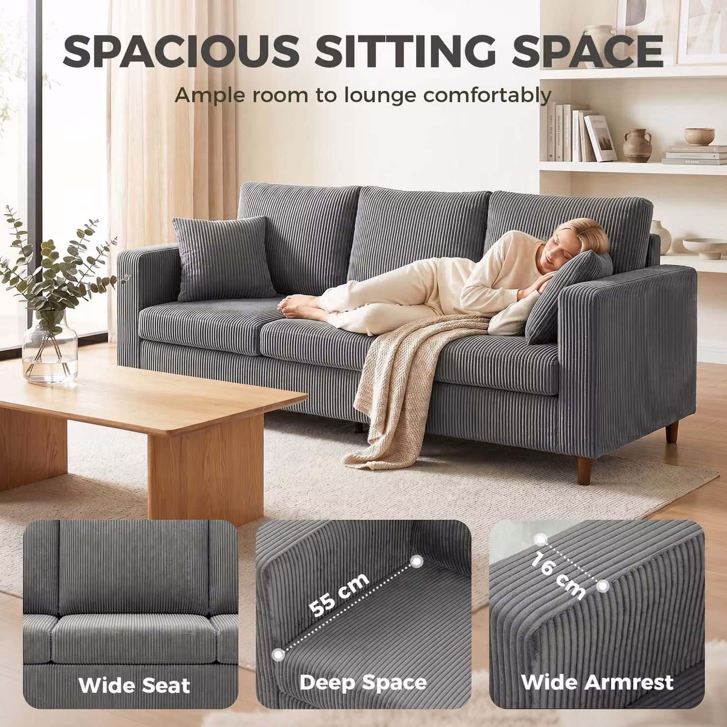 HOMCOM 3 Seater Corduroy Fabric Sofa in Light Grey with Deep Seats and Spring Cushions – 3