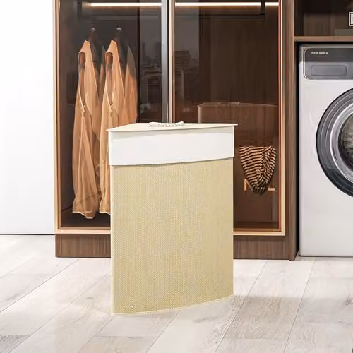 HOMCOM Bamboo Laundry Basket with Lid and Removable Fabric Liner Bag, 55L, Brown and Beige – 3