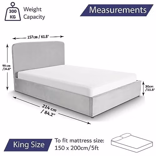 Home Treats King Size Grey Velvet Upholstered Ottoman Bed Frame with Storage and Pocket Sprung Mattress, W/D/H: 150 x 200 cm – 2
