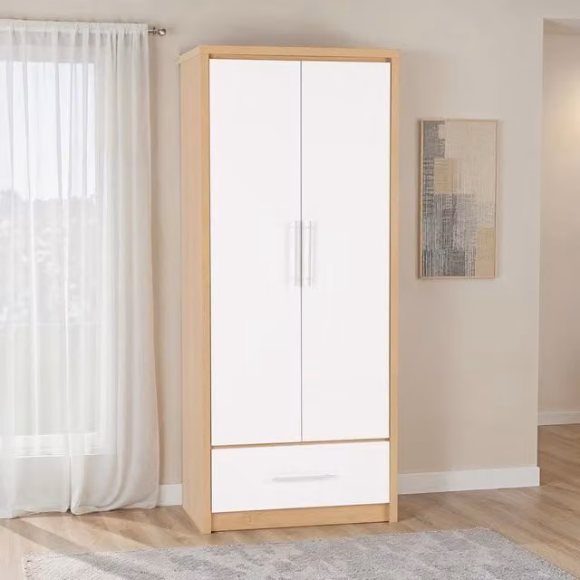 Seconique Seville White High Gloss and Oak 2 Door 1 Drawer Wardrobe