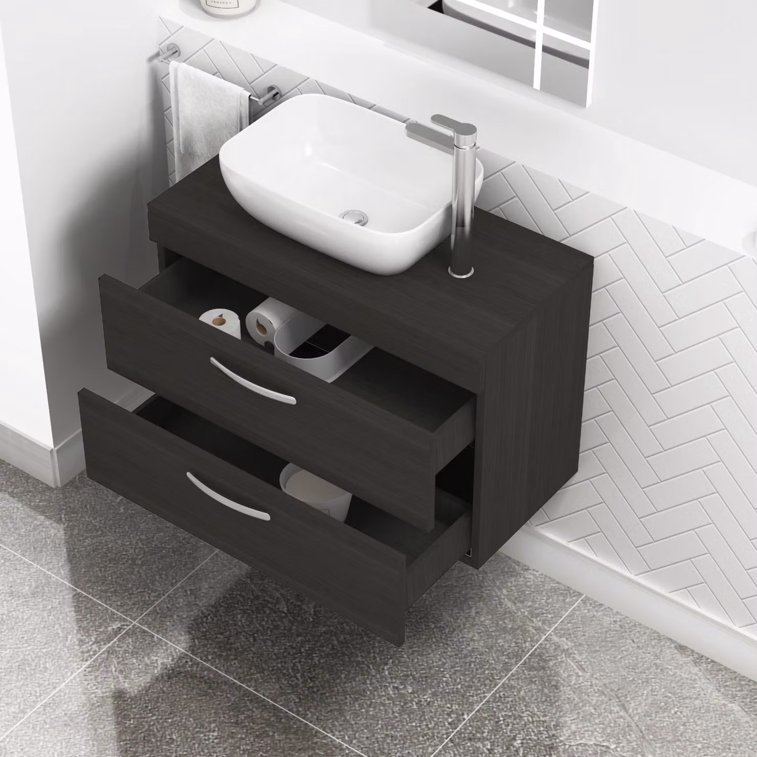 Royal Bathrooms 800mm Wall Hung Vanity Unit with 2 Drawers in Charcoal Oak and Elva Countertop Basin