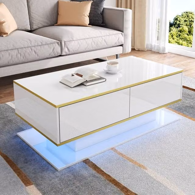 Merax Modern High-Gloss Coffee Table in White and Gold with 3 Drawers and LED, W/D/H: 100 x 50 x 40 cm – 1