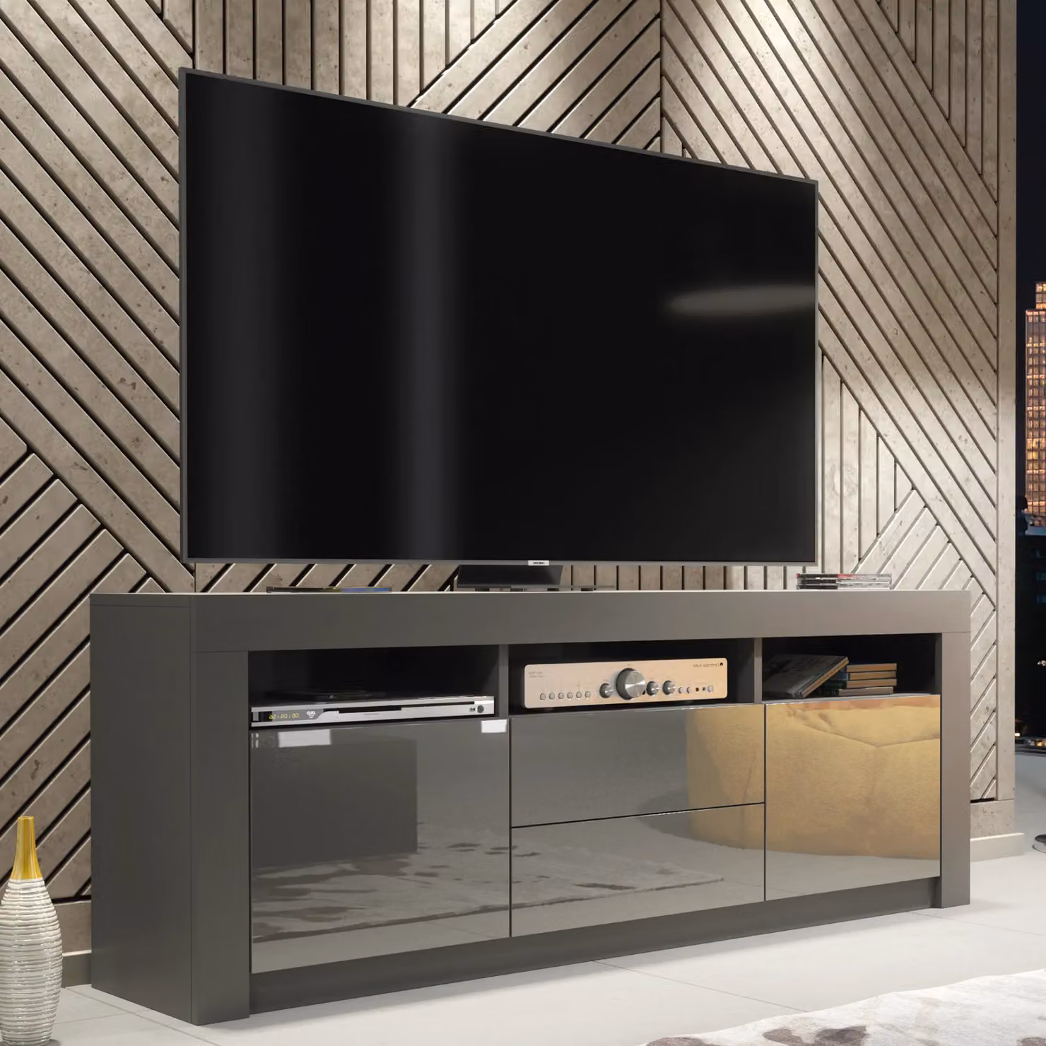Creative Furniture Modern TV Unit in Grey with High Gloss Doors, W: 160 cm, H: 60 cm, D: 35 cm – 5