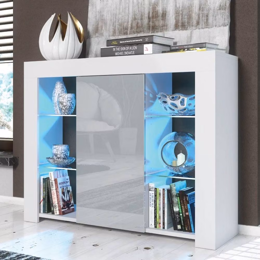 PAWNORA Modern Freestanding Display Cabinet with Integrated Lighting, White Matt Body and Grey Gloss Glass Doors – 2