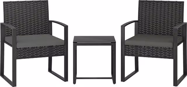 Outsunny 3 Piece Rattan Bistro Set with Glass Top Table and Cushions in Grey