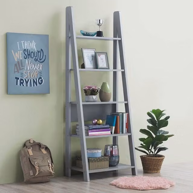 Timber Art Design Riva Retro 5 Tier Ladder Bookcase Display Shelf Unit in Grey – 1