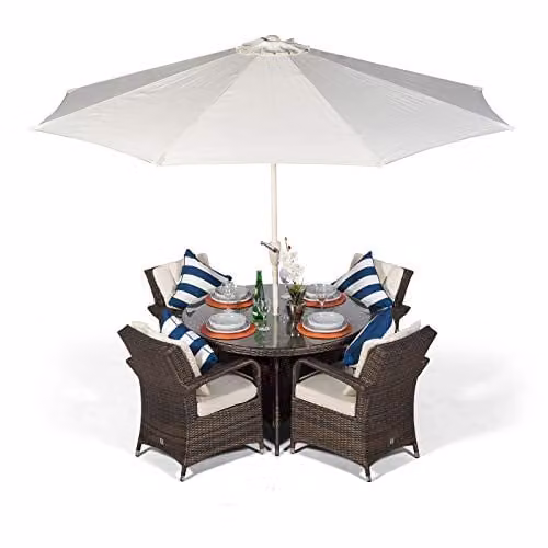 Thats Furniture Arizona 4 Seater Round Rattan Patio Dining Set in Brown with Powder Coated Aluminium Frame, Diameter: 120 cm