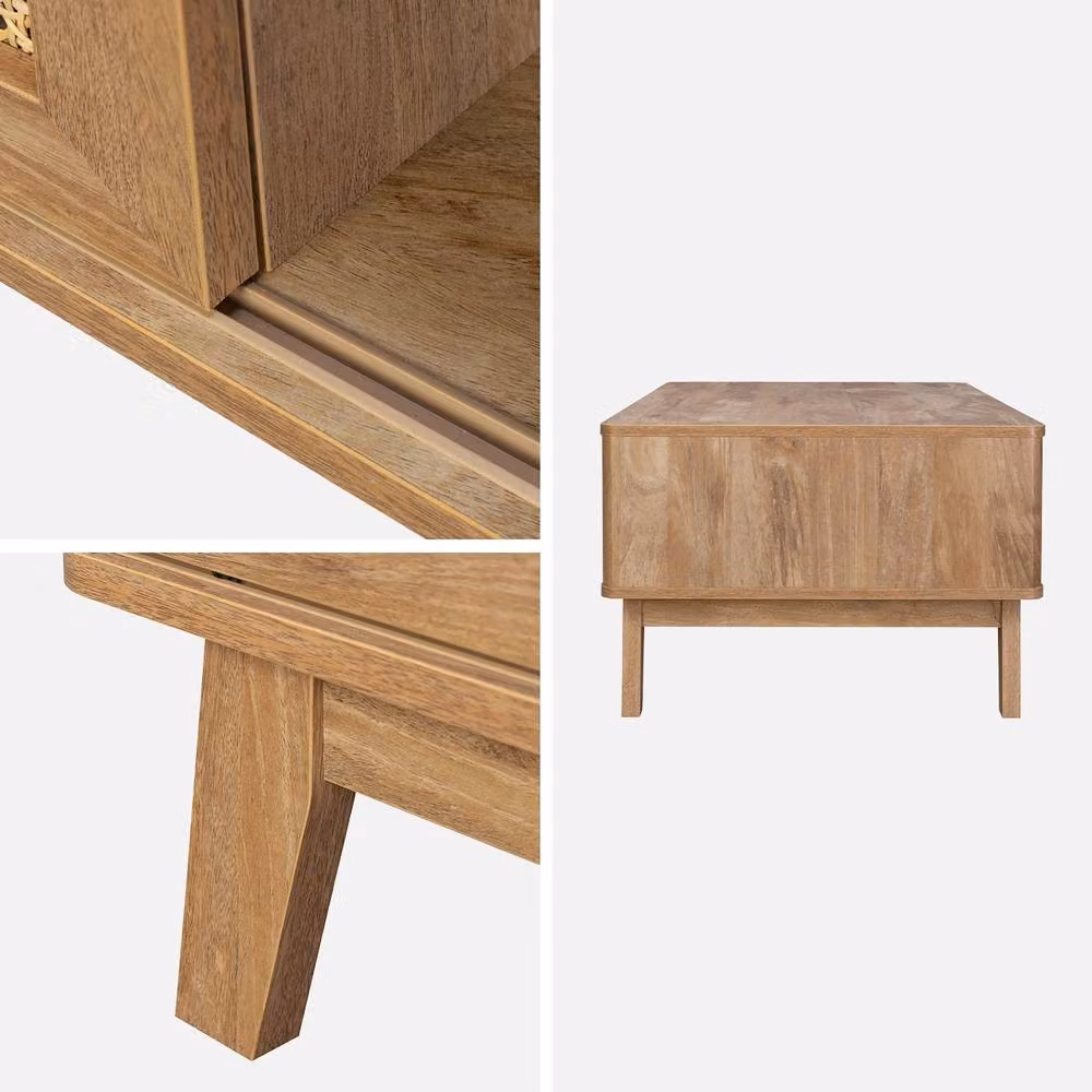sweeek Mid-Century Rectangular Coffee Table with Sliding Door, Wood and Cane Effect, Brown, W/D/H: 110 x 59 x 40 cm – 3