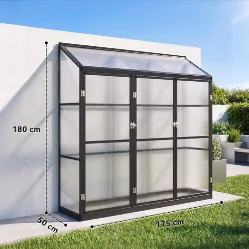 Outsunny Black Polycarbonate Lean-to Pent Greenhouse with 3 Hinged Doors and Top Vent, W/D/H: 182.88 x 45.72 x 180 cm – 7