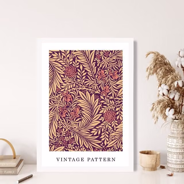 ARTZE Vintage William Morris Larkspur Floral Art Print in Pink and Beige with White Frame – 1