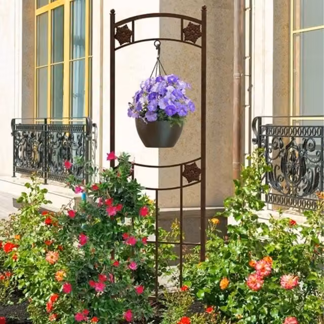 Primrose Brown Steel Free Standing Rosette Design Trellis with Basket Window Support