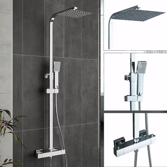 FLAVORA Modern Exposed Thermostatic Shower Bar Set with Twin Square Rain Heads in Silver