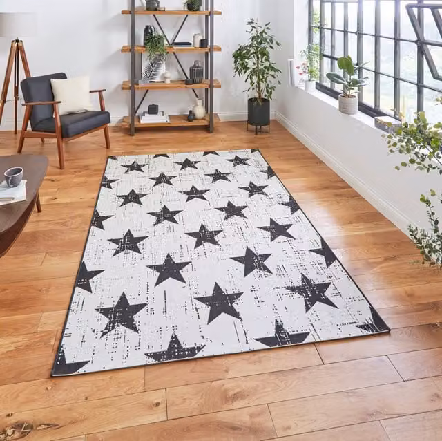 Terrys Modern Star Pattern Machine Woven Rectangular Garden Rug in White and Black