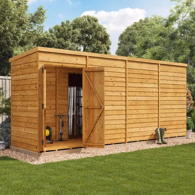 BillyOh Switch Overlap Pent Wooden Shed in Brown with Double Doors and Floor, W: 487.68 cm, D: 226.6 cm