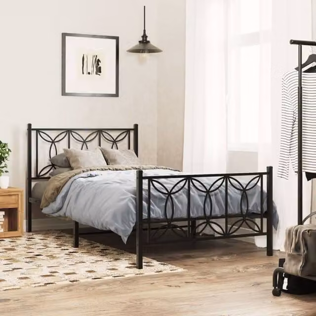 Berkfield Home Metal Bed Frame with Footboard, Black, W/D/H: 100 x 200 cm