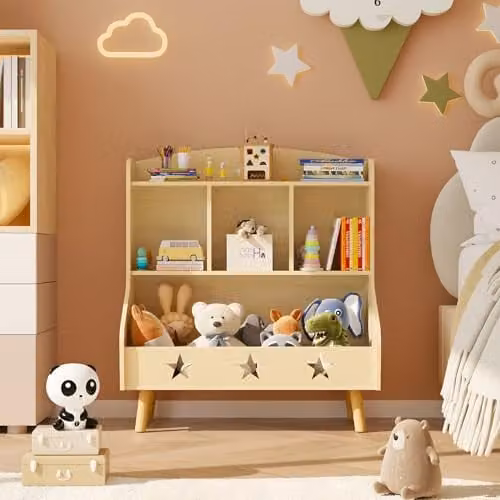Huhote Kids Bookshelf and Toy Storage Cabinet with 3 Compartments, Brown, H 72.0 x W 61.5 x D 36.5 cm – 2