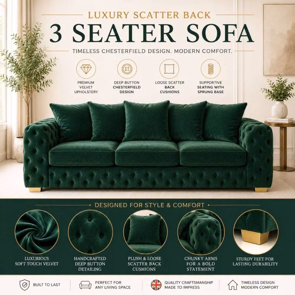 Stratus Interiors Ashley Luxe Chesterfield Scatter Back L-Shape Sofa in Dark Green Velvet – 5