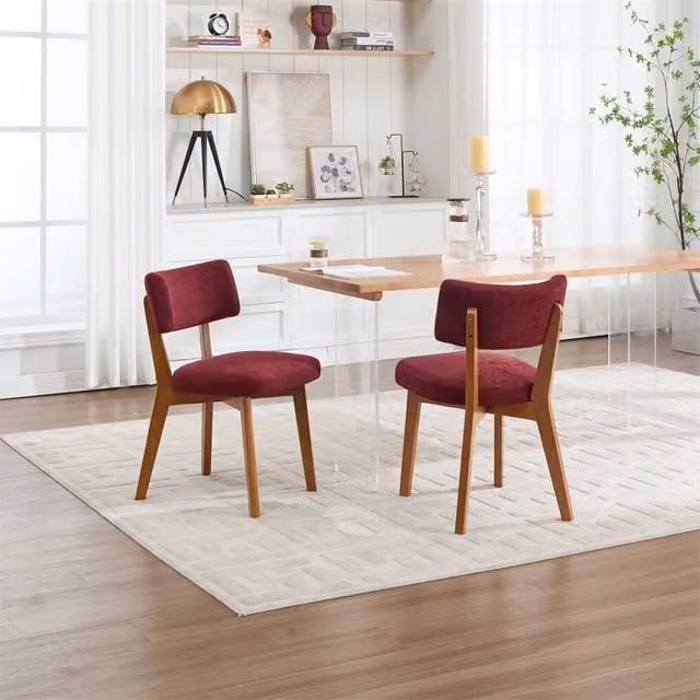 Direct Wicker Set of 2 Mid-Century Linen Dining Chairs with Solid Wood Frame in Wine Red – 1