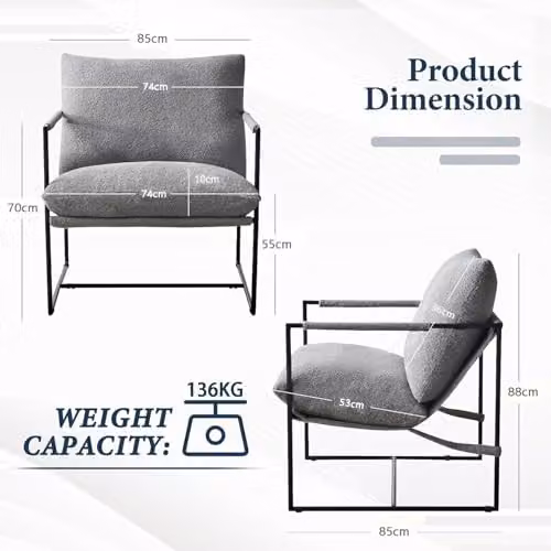 MCC Direct Luca Modern Lounge Sling Accent Chair in Grey Bouclé Fabric with Metal Frame – 2