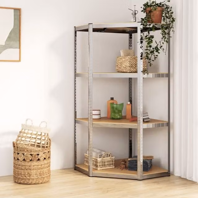 Berkfield Home 4-Layer Freestanding Corner Shelf in Silver Steel and Engineered Wood with Adjustable Shelves