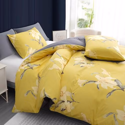 Pamposh Super King Duvet Set, Floral Brushed Microfibre Bedding with Pillowcases, Grey or Yellow, W: 220 cm x L: 260 cm – 4