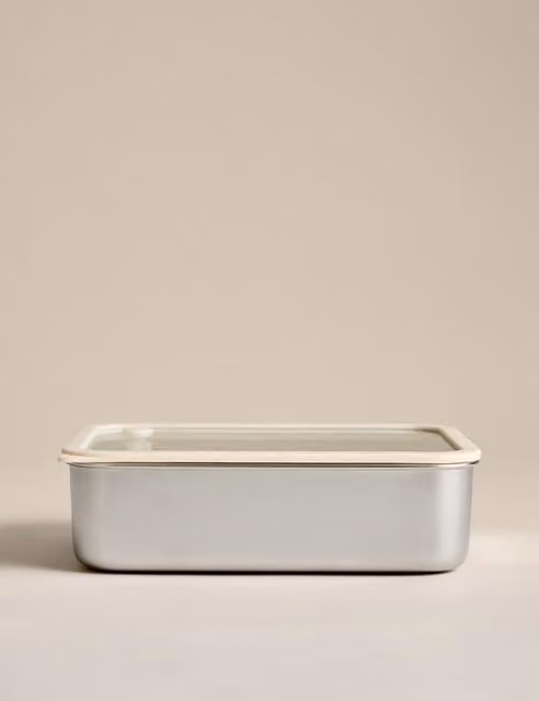 M&S Medium Leakproof Stainless Steel Container with Glass Lid in Cream