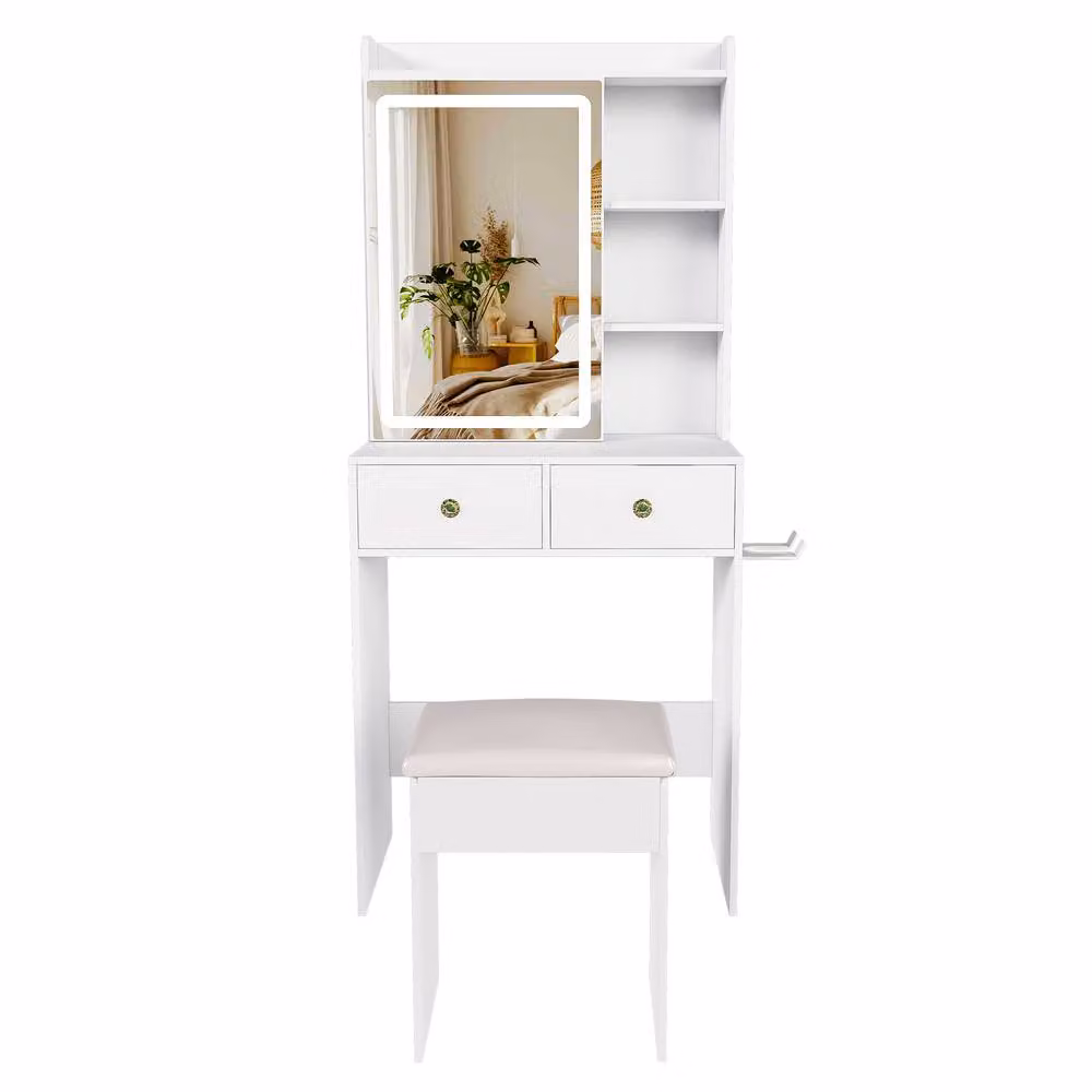 AKI HAUS Modern White 2-Drawer Dressing Table with LED Mirror and Stool – 2