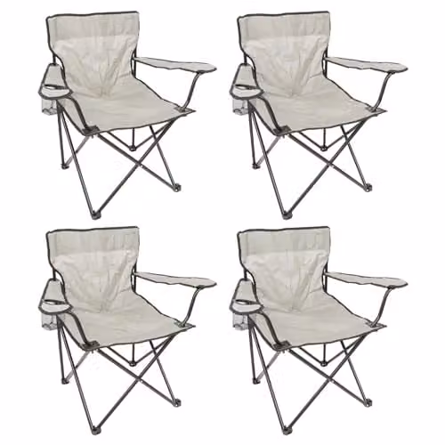 Harbour Housewares Pack of 4 Folding Canvas Camping Chairs with Armrests in Beige and Matt Black – 1