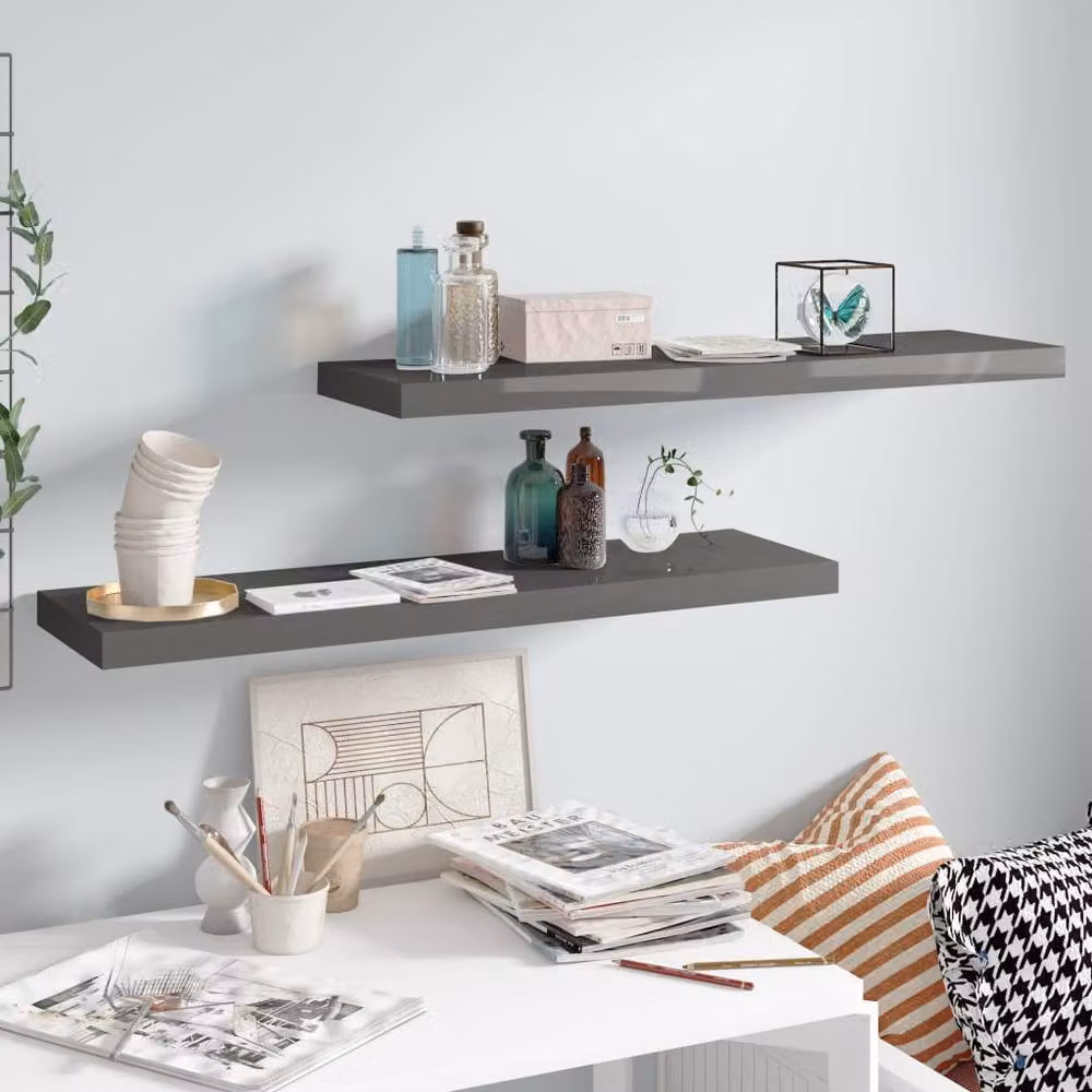Berkfield Home Set of 2 Floating Wall Shelves in High Gloss Grey, W: 90 cm, D: 23.5 cm, H: 3.8 cm – 2