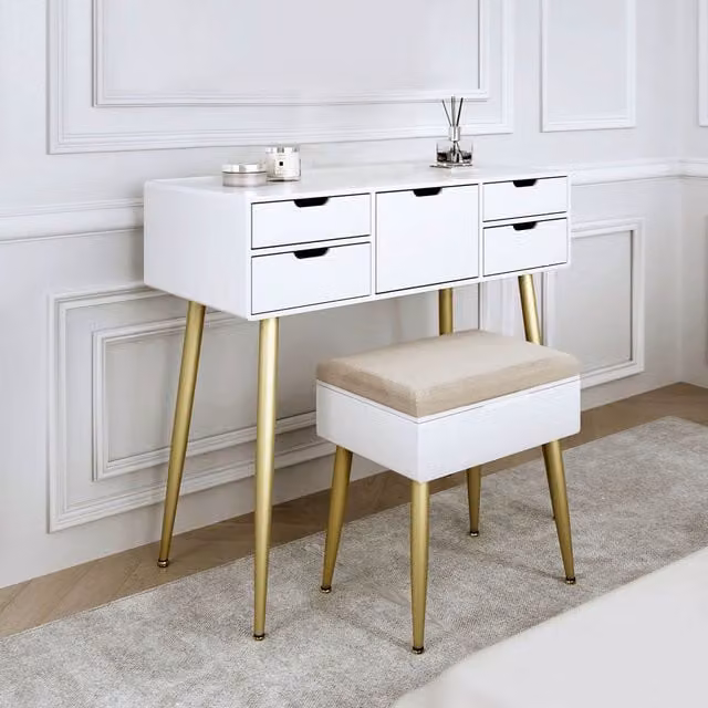 CARME Modern White Dressing Table with Velvet Padded Stool