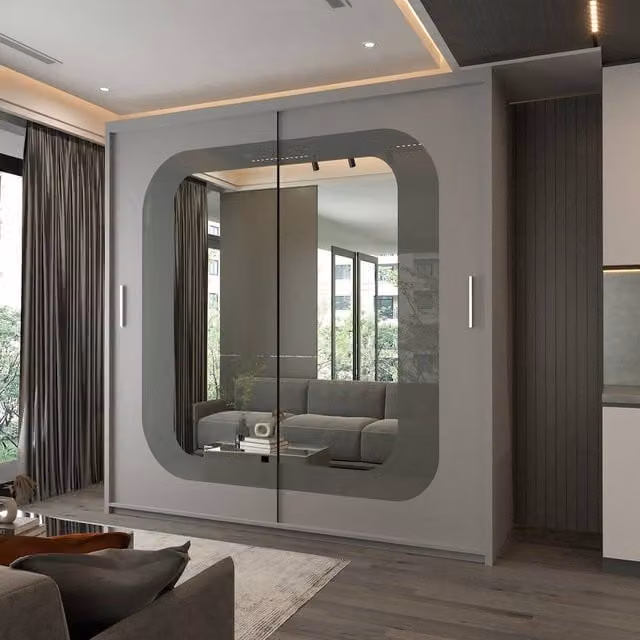 Sliding Wardrobes 4U Modern Double Door Sliding Wardrobe with Integrated LED Lighting in Grey, W: 203 cm, H: 217 cm
