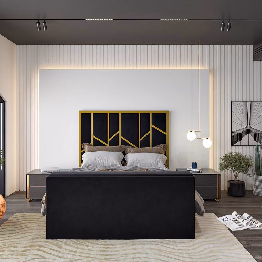 KDMD Aldfield Luxe Double Upholstered Television Bed Frame in Gold and Black Velvet – 5