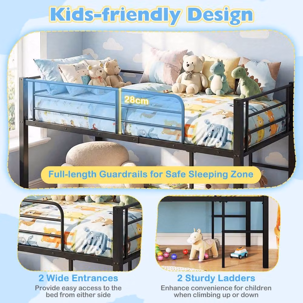 Costway Single Size Low Loft Metal Bed Frame with Guardrails and 2 Ladders in Black, W/D/H: 90 x 200 x 155 cm – 3