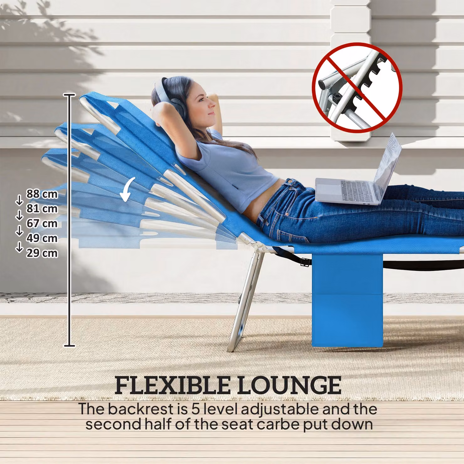 Outsunny Set of 2 Adjustable 5-Position Sun Loungers in Blue with Reading Hole and Side Pocket – 4