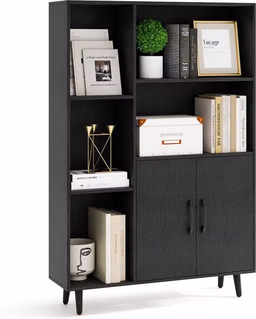 COSTWAY Mid-Century Metal Bookcase with Double Doors in Matt Black