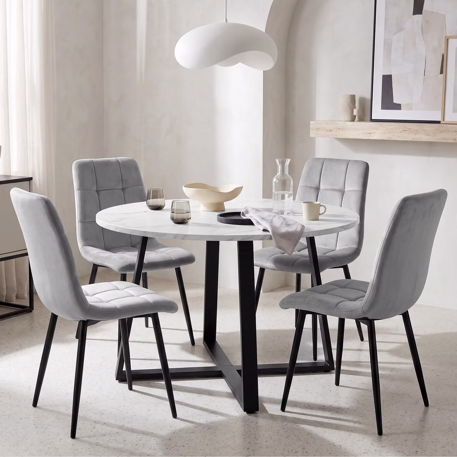 DHS Kyvon Round Dining Table Set with 4 Chairs, White Marble Effect and Light Grey