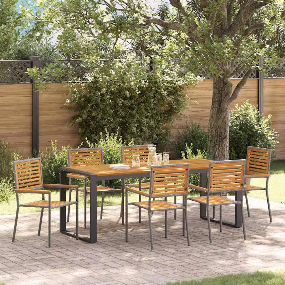 Berkfield Home 7 Piece Grey Poly Rattan and Acacia Wood Garden Dining Set – 2
